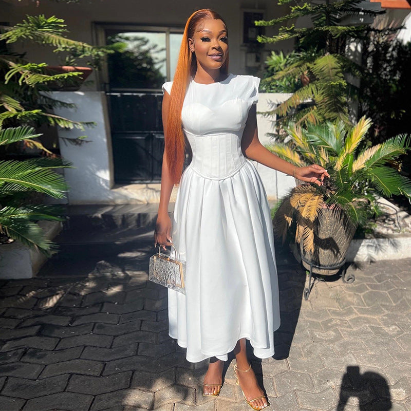 Round Neck Waist Cinched High Waist Fishbone A-line Skirt