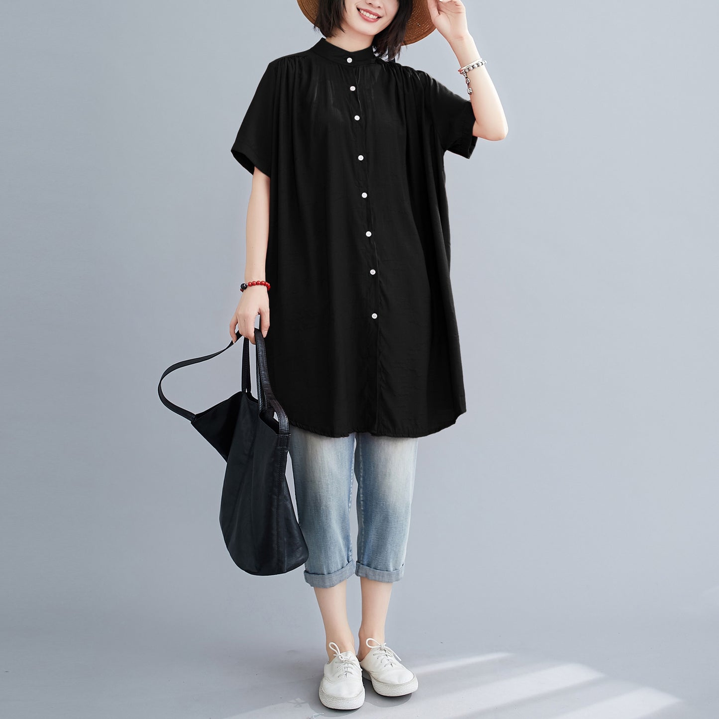 Women's Mid-length Short Sleeve Breasted Stand Collar Irregular Shirt