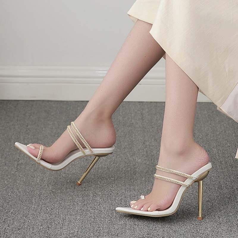 Metal Chain Pointed Toe Fashion High-heel Sandals And Slippers