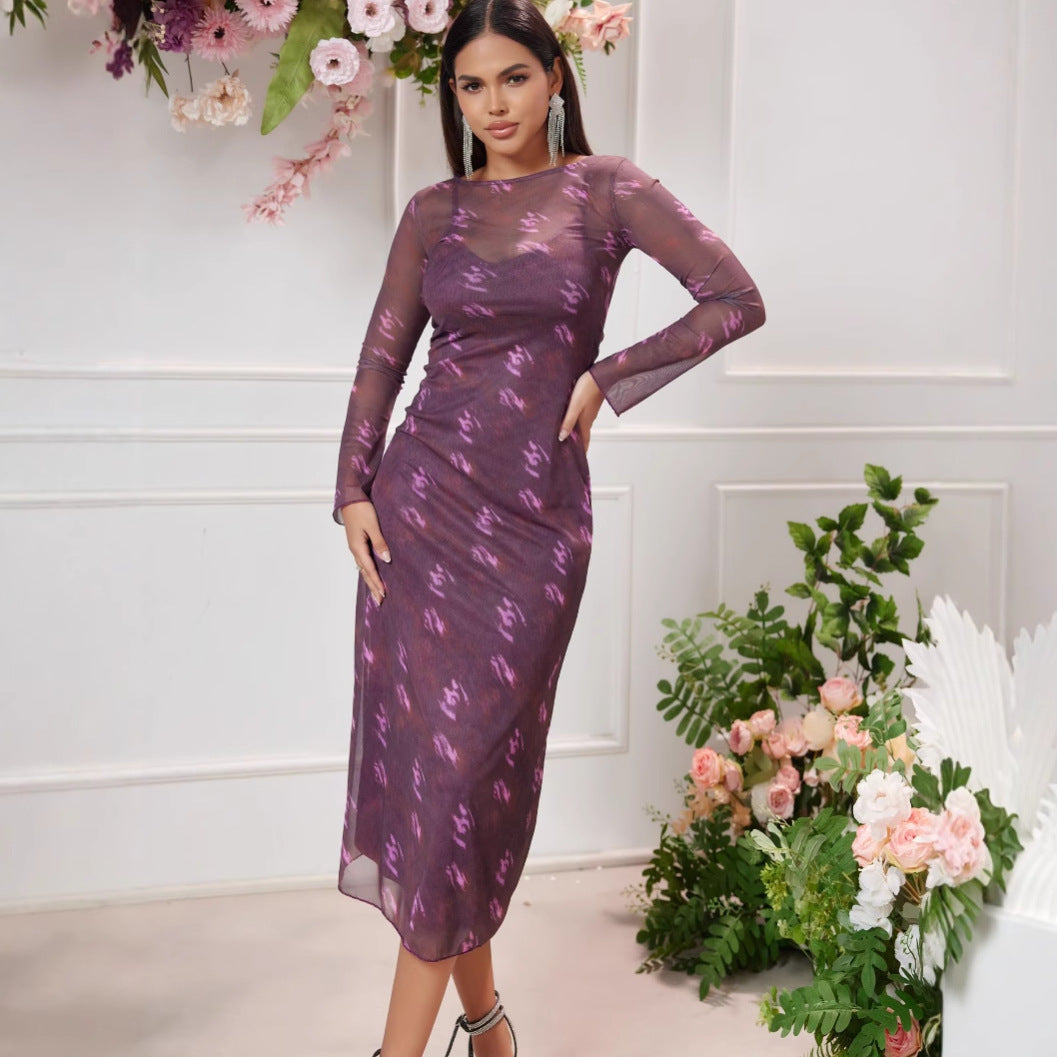 Women's Clothing Mesh Floral Print Dress Suit