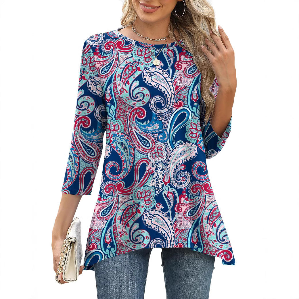 Women's Three-quarter Sleeve Waist Loose Round Neck Casual Top