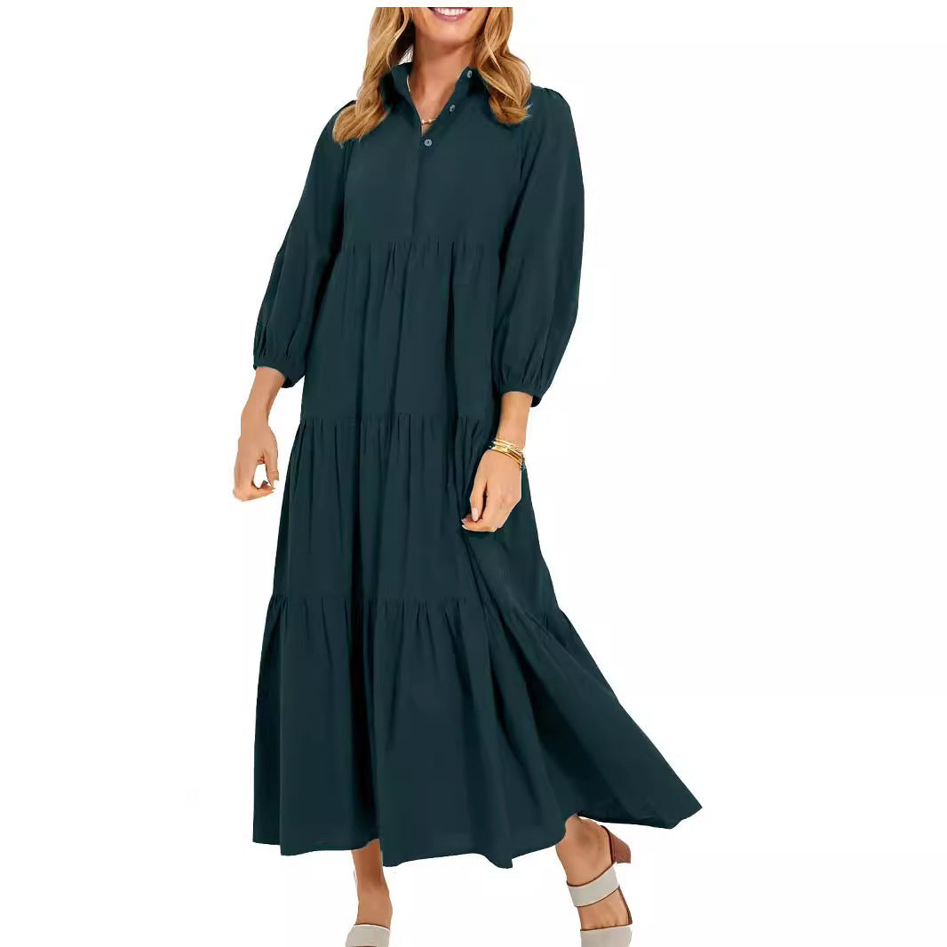 New Button Lapel Fashion Pullover High Waist Casual Dress Ladies