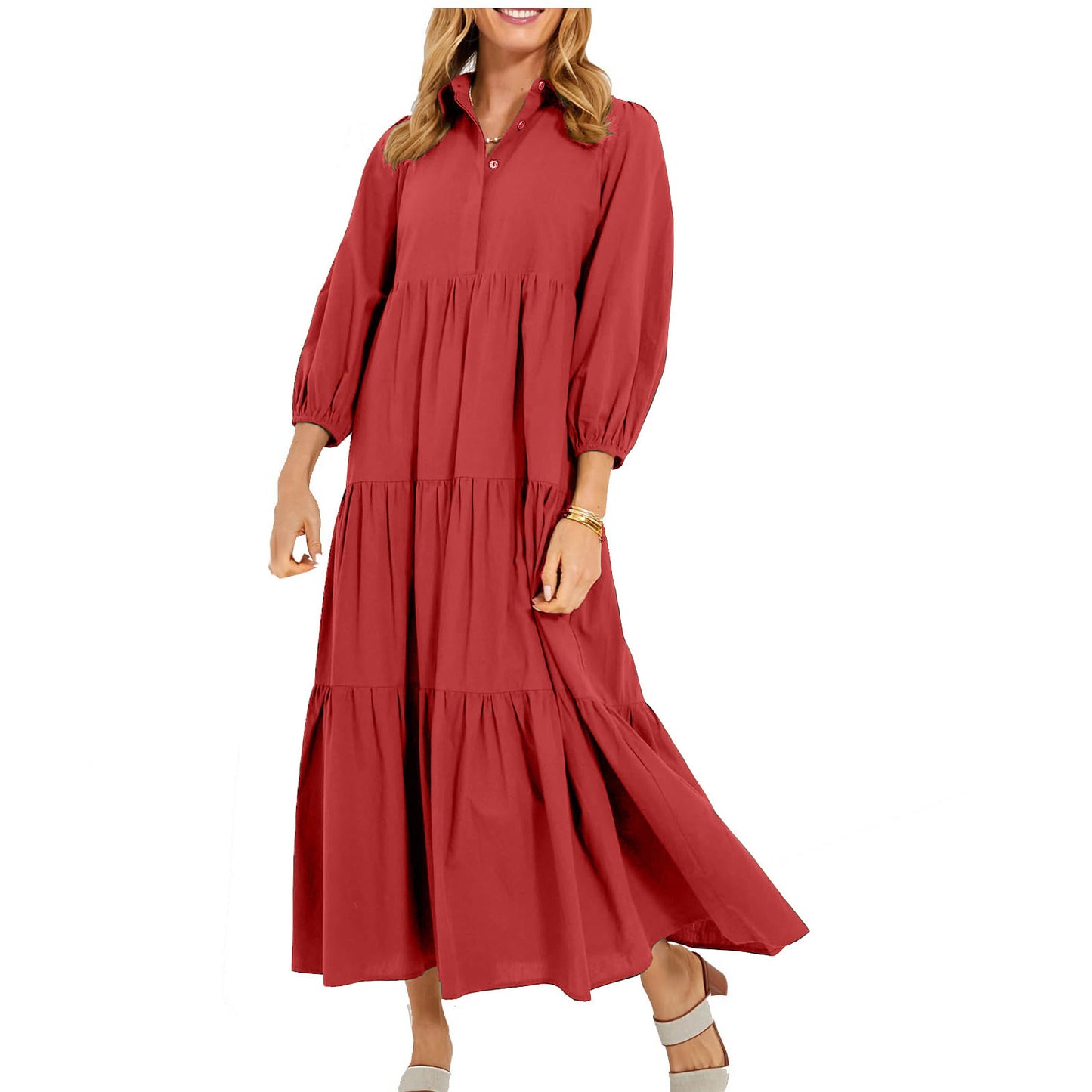 New Button Lapel Fashion Pullover High Waist Casual Dress Ladies