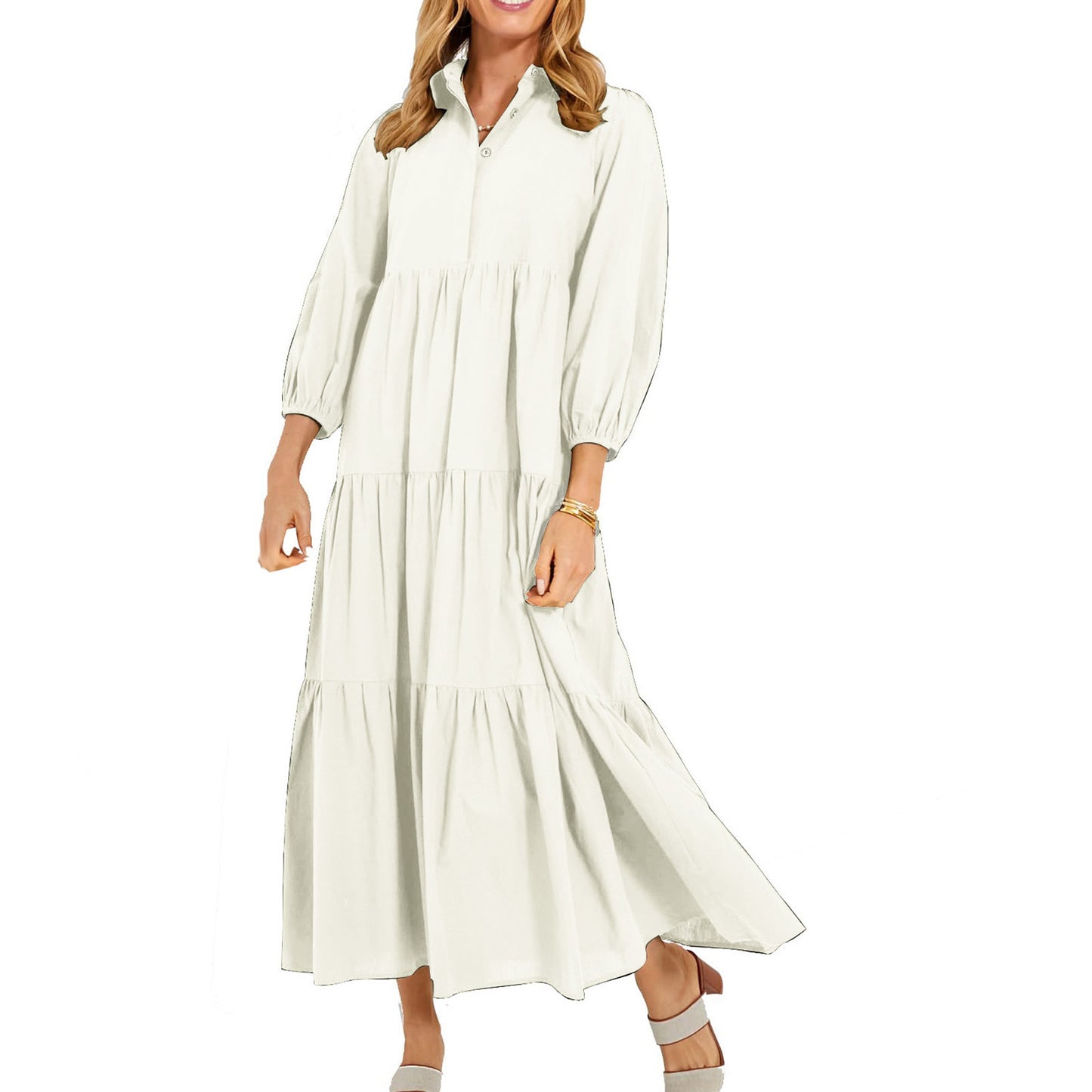 New Button Lapel Fashion Pullover High Waist Casual Dress Ladies