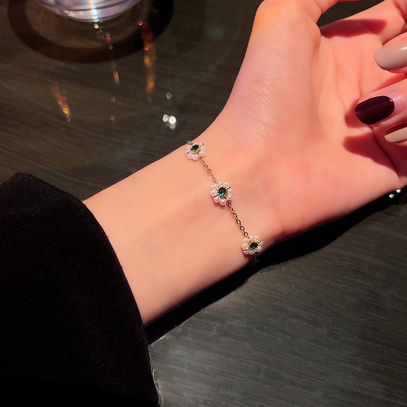 Flower Pearl Green Zirconium Bracelet Women Light Luxury
