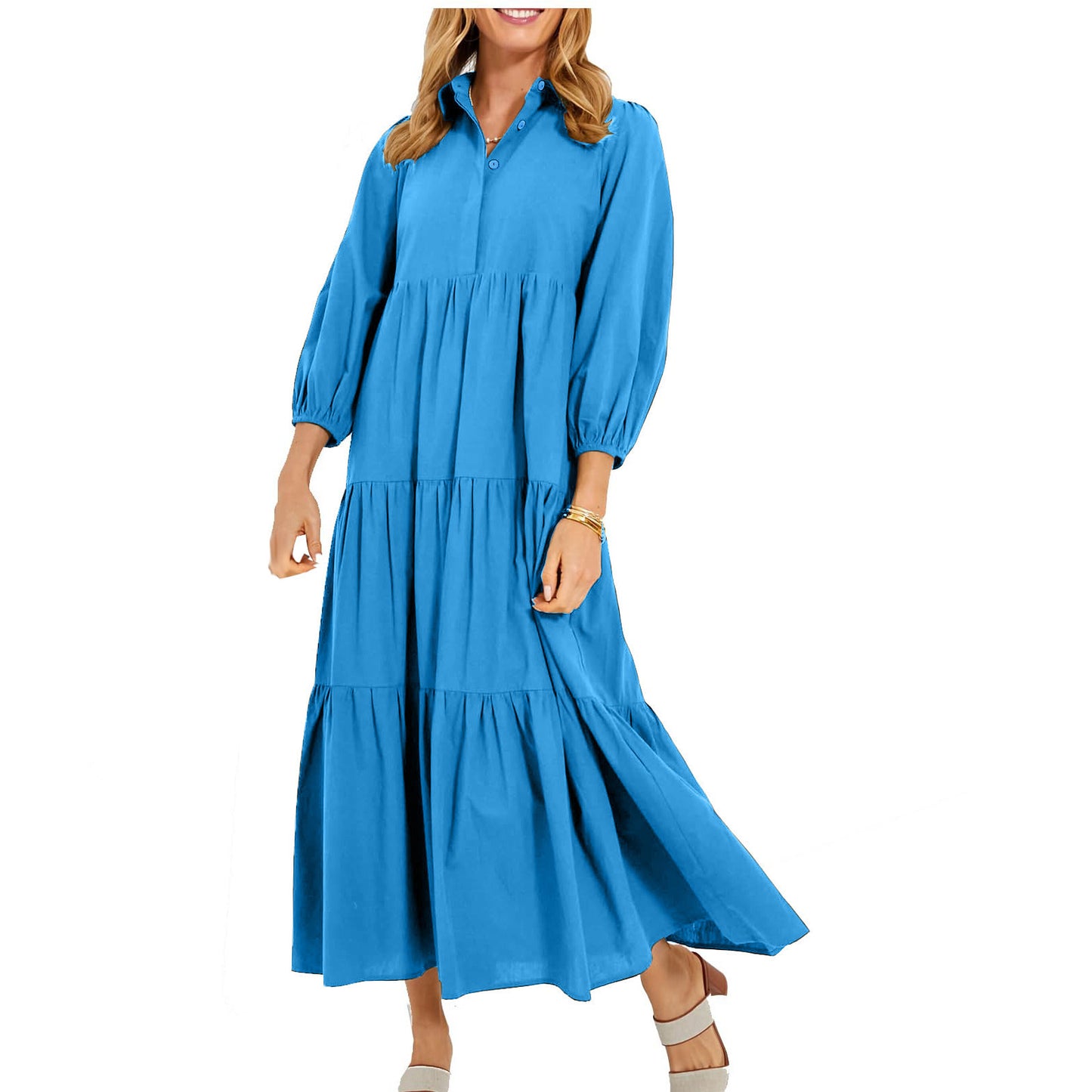 New Button Lapel Fashion Pullover High Waist Casual Dress Ladies