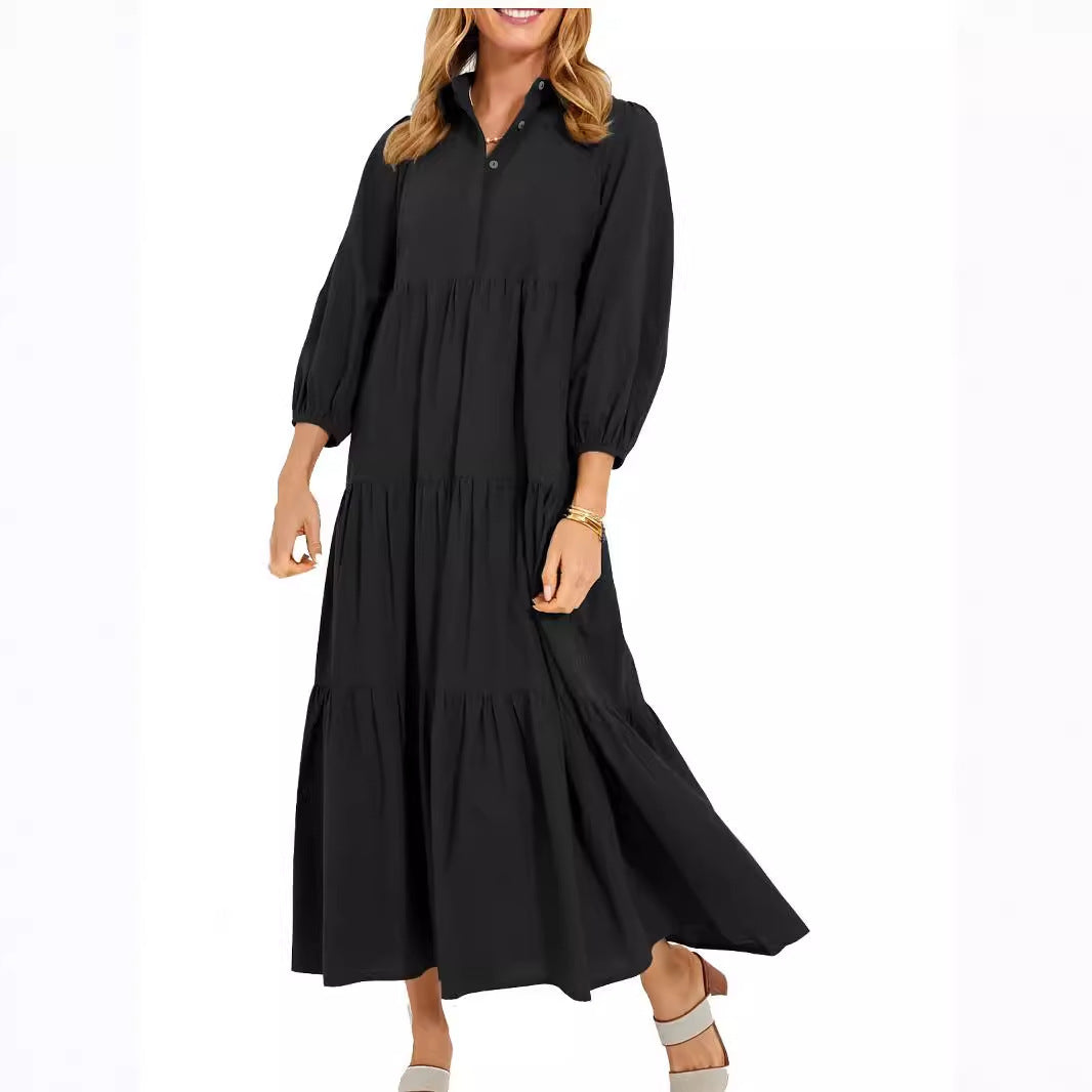 New Button Lapel Fashion Pullover High Waist Casual Dress Ladies