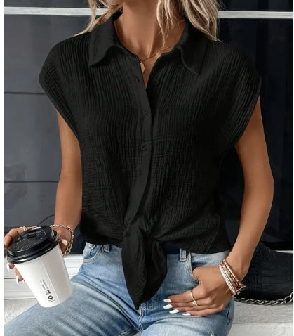 Temperament Commute Button Lace-up Solid Color Top