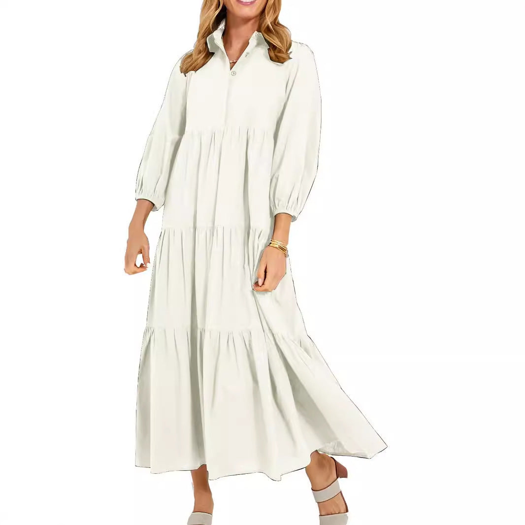 New Button Lapel Fashion Pullover High Waist Casual Dress Ladies
