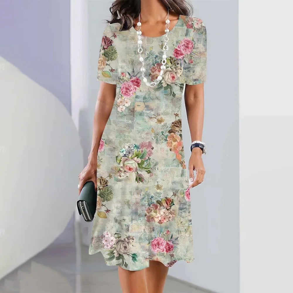 Flower Colorful Sweet Fresh And Loose Round Neck Dress