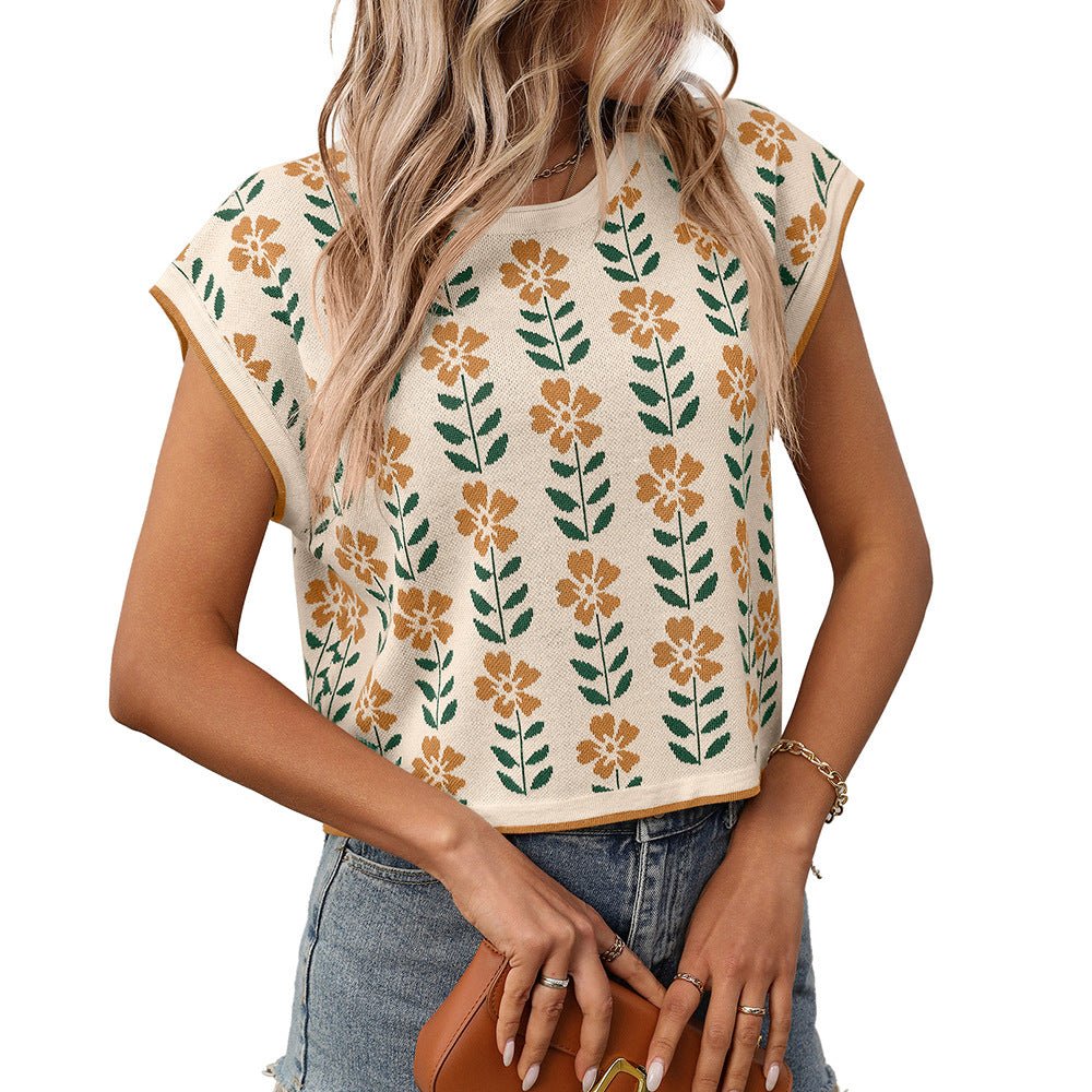 Midriff-baring Short Sleeve Color Block Round Neck Knitted Little Flower Sweater Short