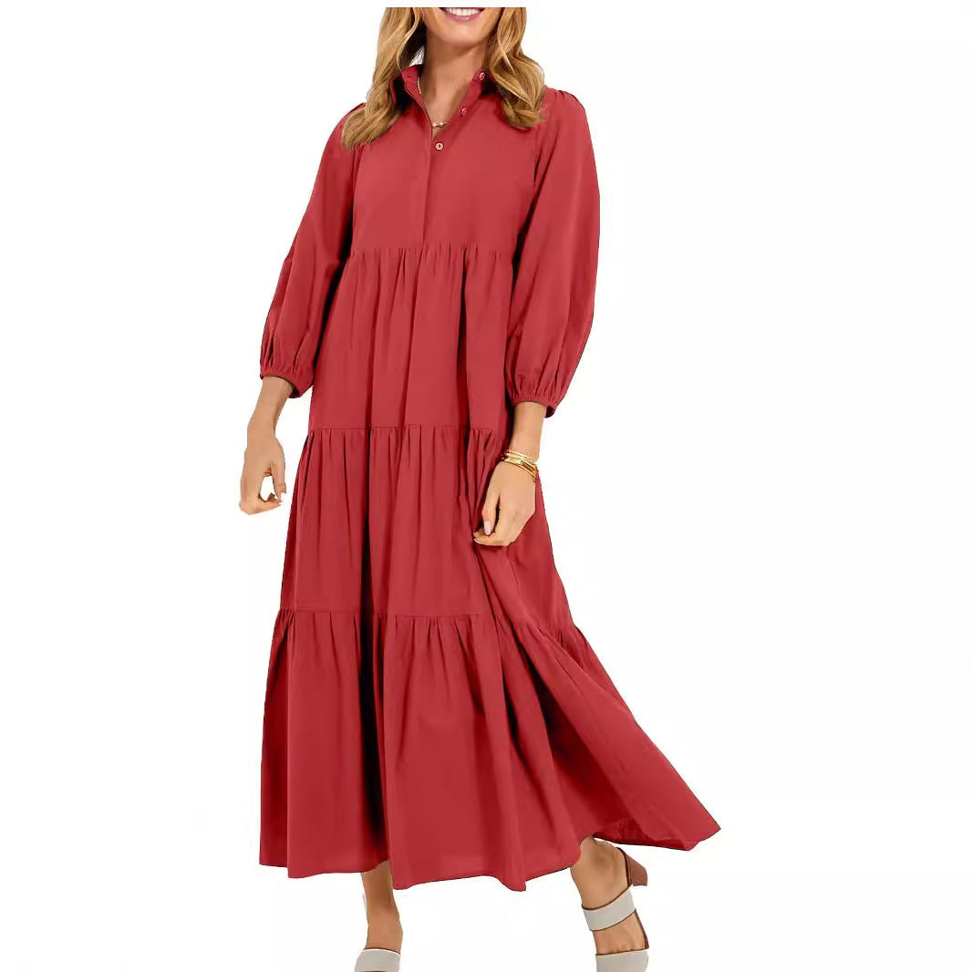 New Button Lapel Fashion Pullover High Waist Casual Dress Ladies