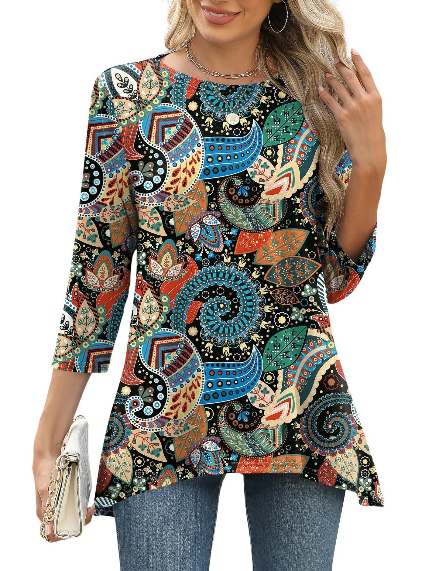 Women's Three-quarter Sleeve Waist Loose Round Neck Casual Top