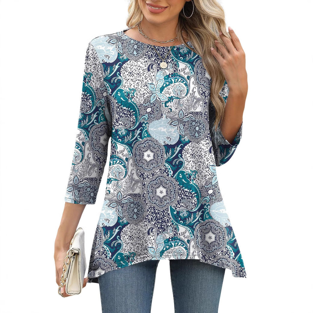 Women's Three-quarter Sleeve Waist Loose Round Neck Casual Top