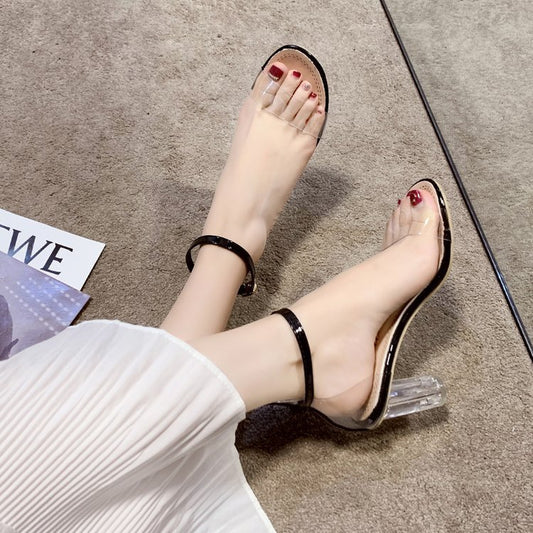 One-word Buckle Transparent Sandals With Crystal Chunky Heels