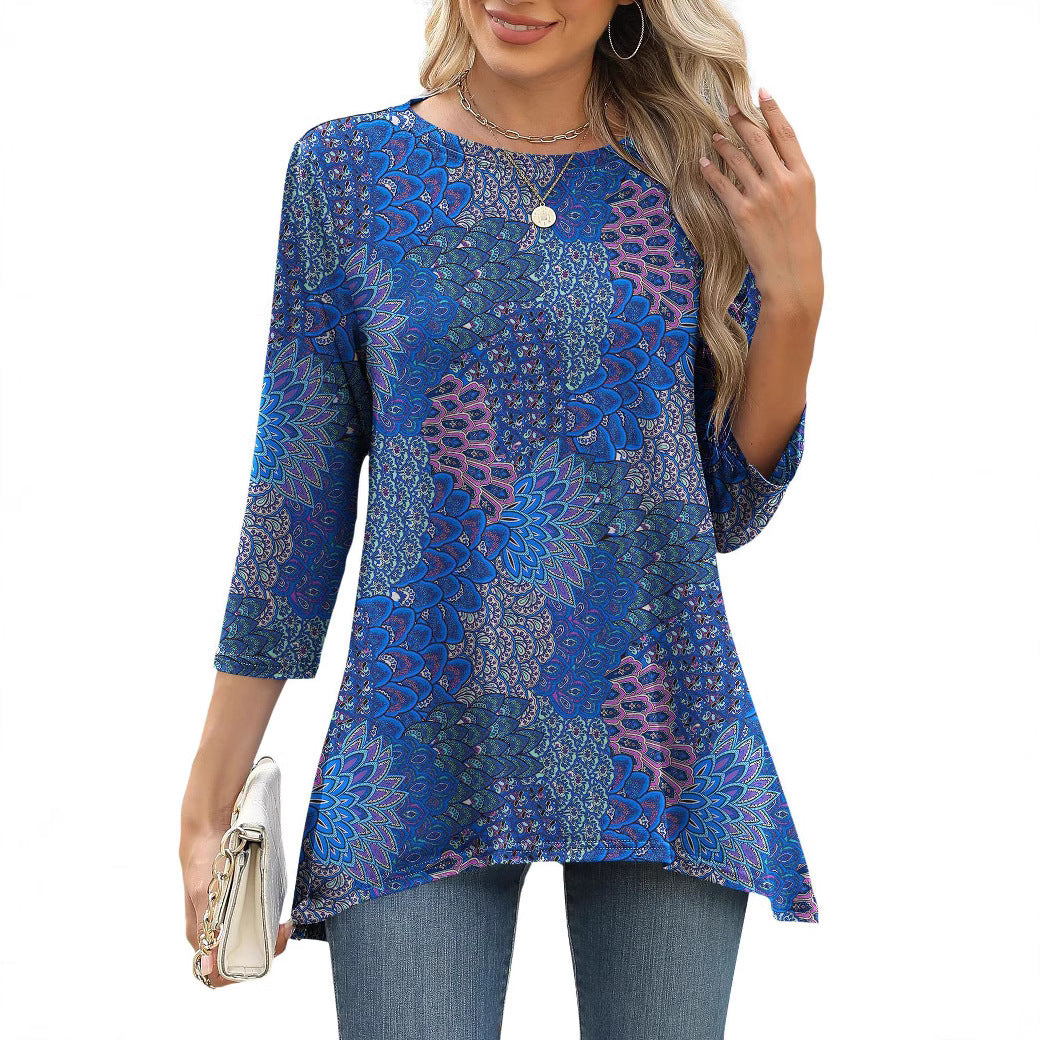 Women's Three-quarter Sleeve Waist Loose Round Neck Casual Top