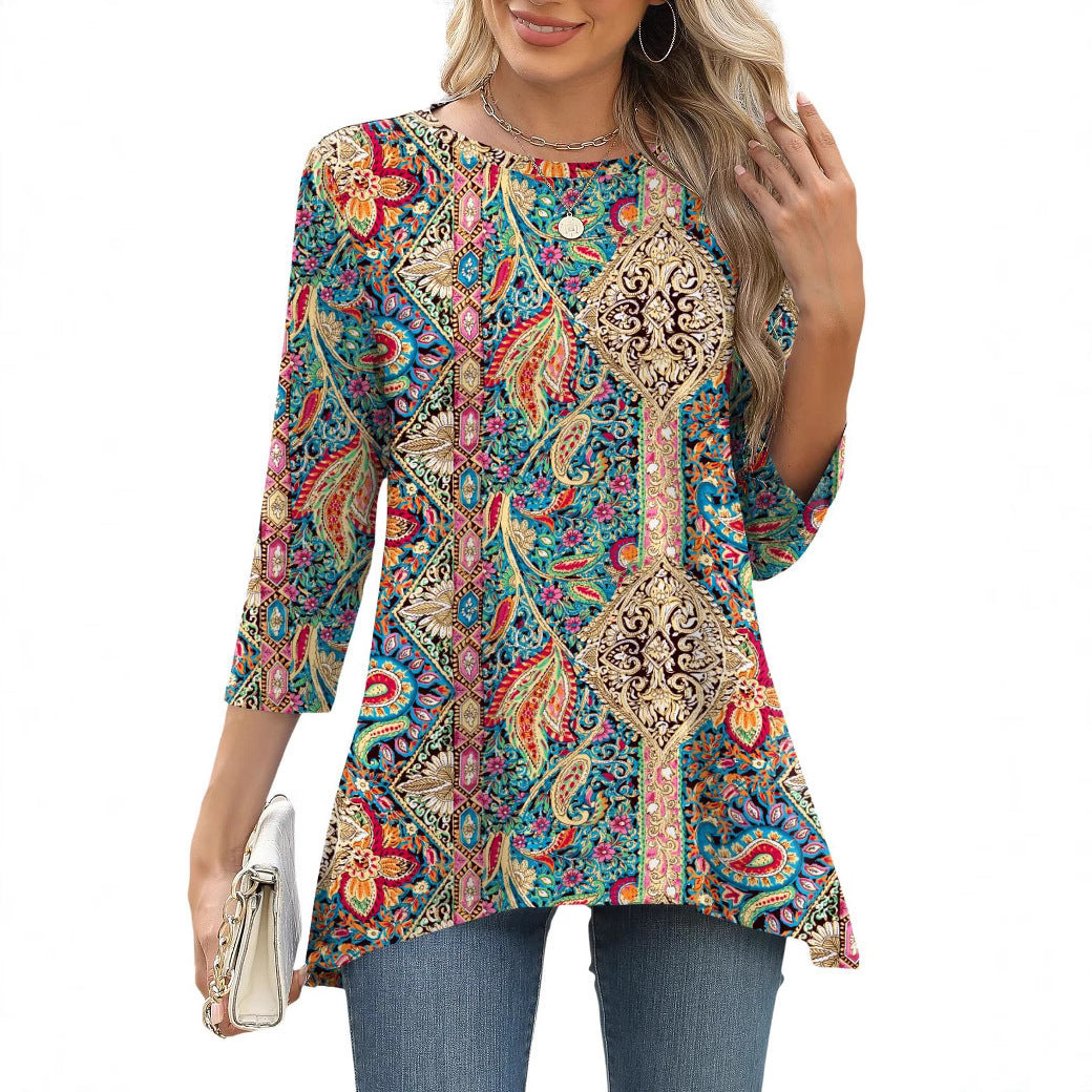 Women's Three-quarter Sleeve Waist Loose Round Neck Casual Top