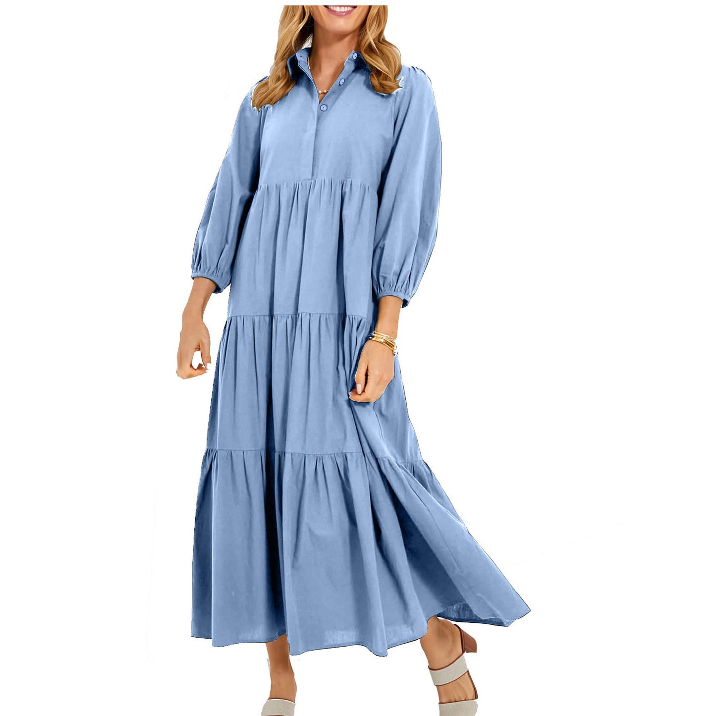 New Button Lapel Fashion Pullover High Waist Casual Dress Ladies