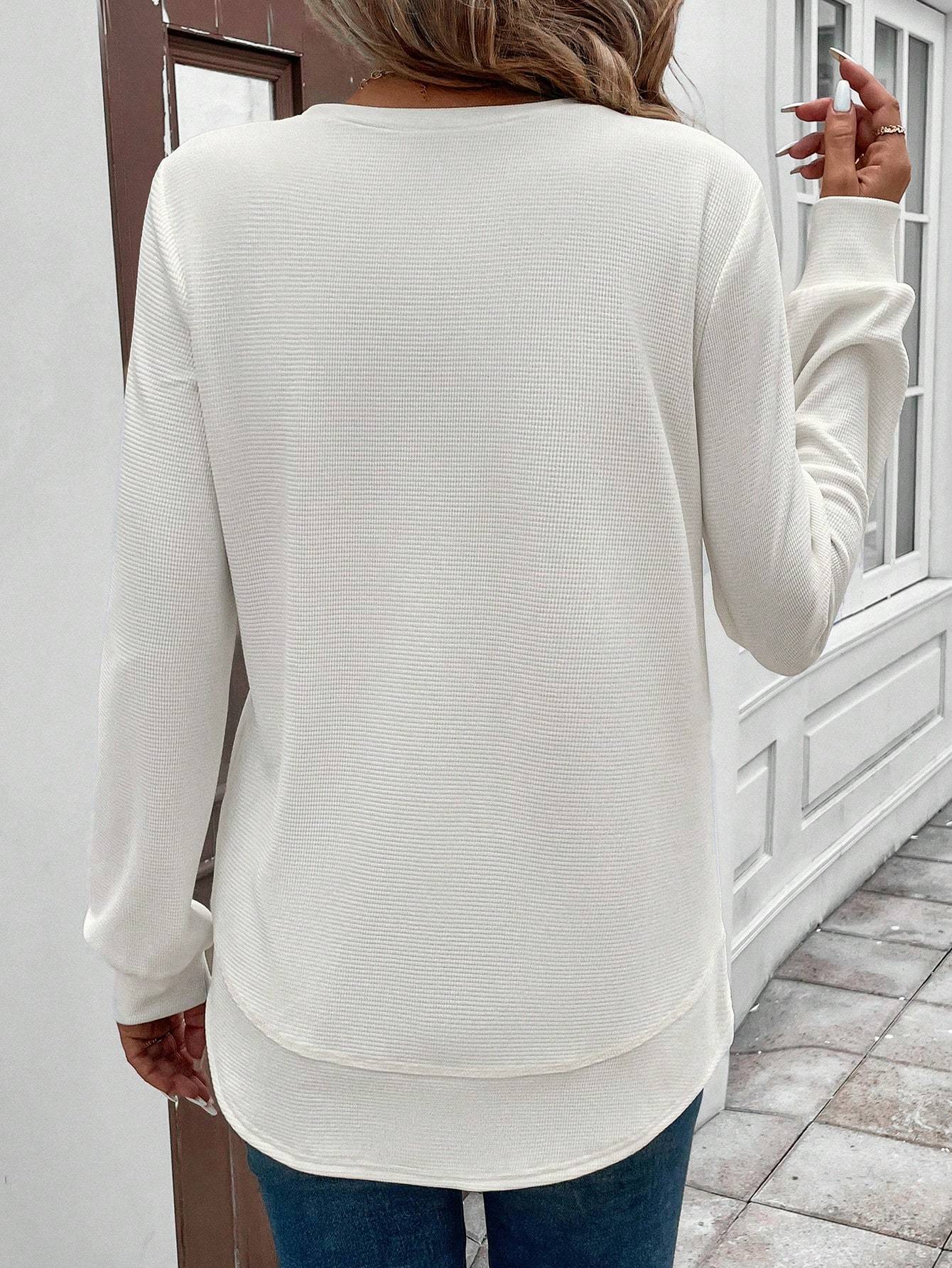 Women's Casual Comfortable Basic Crew Neck Asymmetrical Hem Waffle