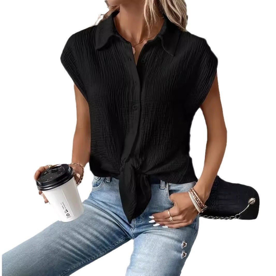 Temperament Commute Button Lace-up Solid Color Top