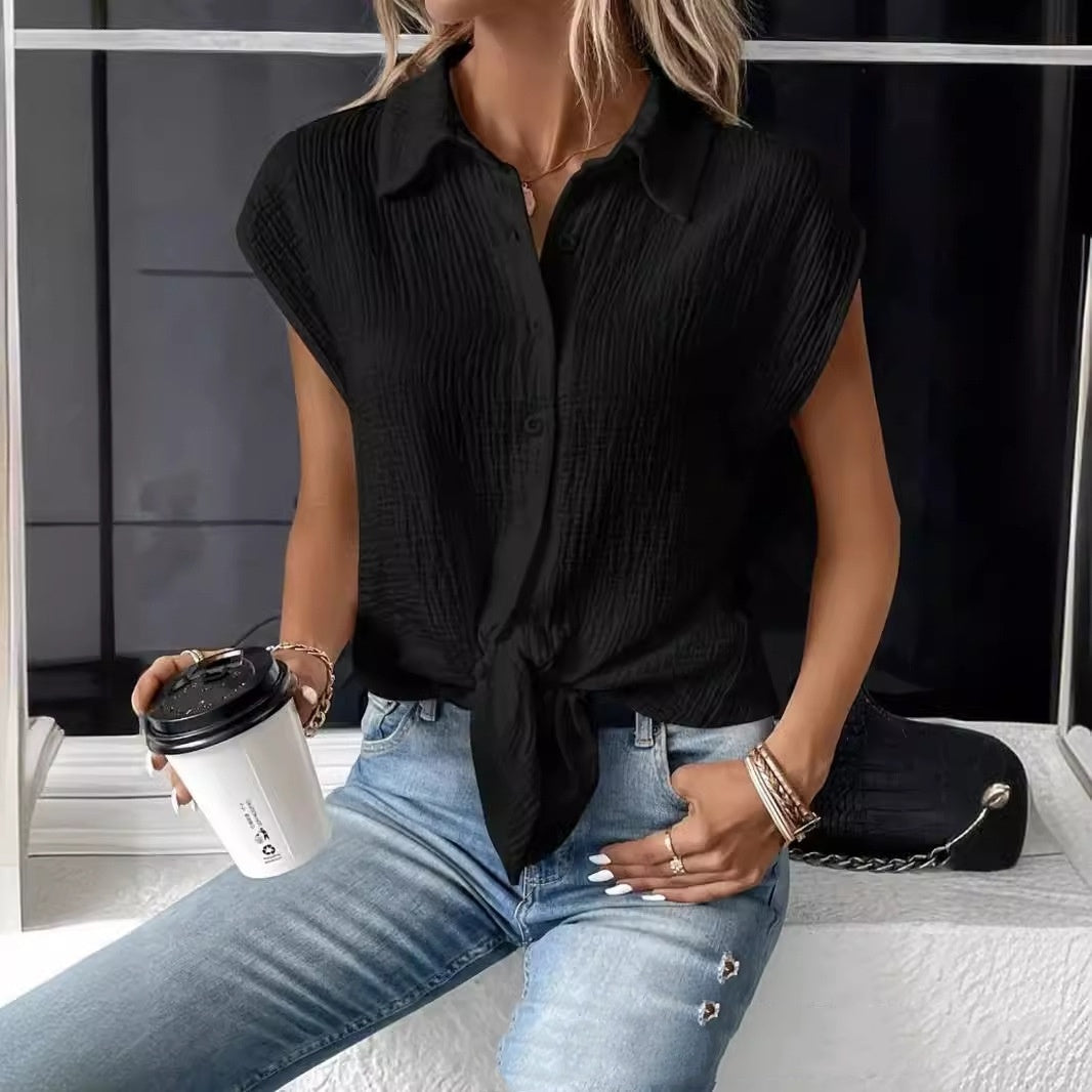 Temperament Commute Button Lace-up Solid Color Top